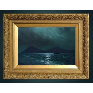 Seascape Moonlit View Of Crimean Bay 19th Century Russian Master Oil Painting