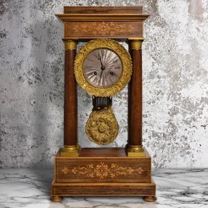 Horloge Portique Française Palissandre N Marqueterie Début 19ème Siècle Doré N Argenté