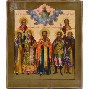 Icône De Tempera Russe Saints Sélectionnés Chef-d’œuvre Du XIXe Siècle école De Yaroslavl