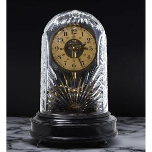 French Bulle Electric Clock Swedish Cut Crystal Glass Dome C.1930 Art Deco 