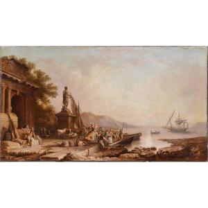 Navire Quittant La Baie Au Lever Du Soleil Paysage Marin Français Peinture à l'Huile Rococo Du 