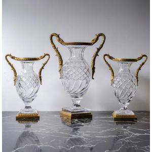 Vases En Verre Cristal Taillé Empire Baccarat Avec Têtes De Griffon En Bronze Doré 19ème Siècle