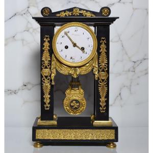 Versailles Manufacture French Portico Clock Black Stone Gilt Bronze 19th Century