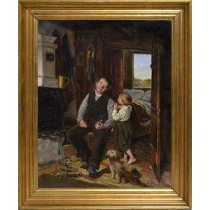 Grandpa And Naughty Boy Danish Master Genre Scene 19th Century Signed Framed