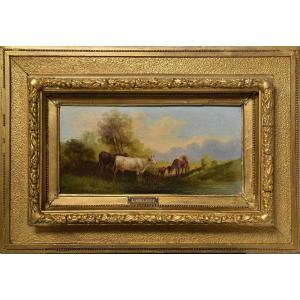 Paysage Pastoral Avec Vaches De Bétail Peinture à l'Huile Du XIXe Siècle Par Un Maître Russe