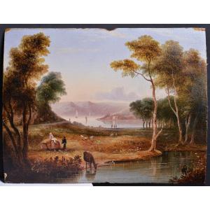 Miniature Pastoral Landscape 19th Century Romanticism Oil Painting On Wood