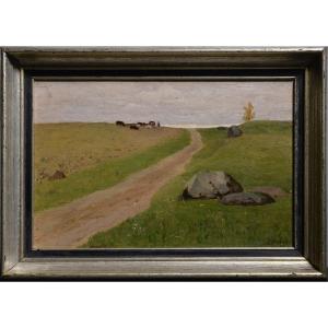 Latvian Pastoral Field Landscape By Petrovs First Half 20th Century Oil Painting