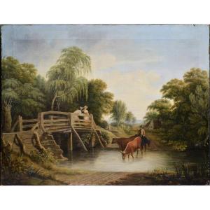 Pastoral Landscape Meeting On Bridge Early 19th Century Oil Painting On Canvas