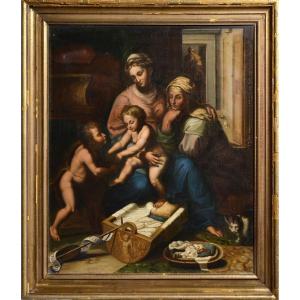 Holy Family With St Elizabeth And Young John Baptist 19th Century Oil Painting