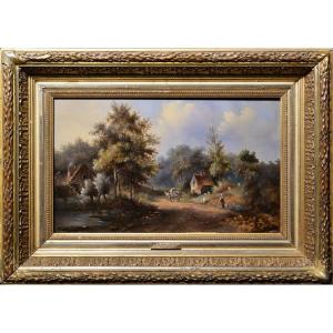 Pastoral Country Landscape Travelers On A Forest Road 19th Century Oil Painting