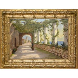 Sunny Italian Amalfi Terrace View 1899 Peinture à L’huile Sur Toile Encadrée Signée