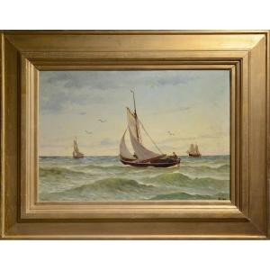 Sailboats And Sailing Ship In Seascape Early 20th Century Oil Painting Framed