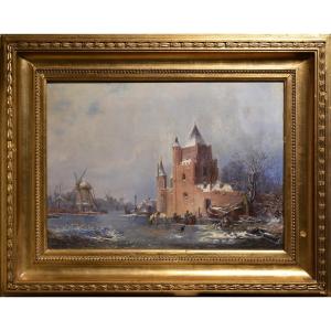 Castle And Windmills At Frozen Pond Dutch Winter Landscape 19th Century Oil