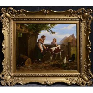 Nourrir Une Belle Scène De Ferme De Veau Avec Une Fille Rousse, Peinture à L’huile Du Milieu Du