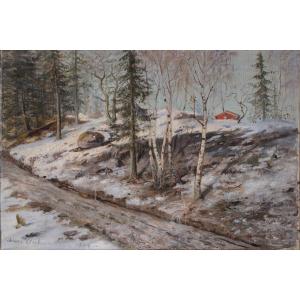 Peinture à L’huile De Paysage De Dégel Printanier 1901 Artiste Suédois Par Ankarcrona