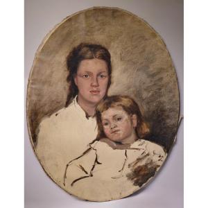 Portrait Ovale De Mère Et Fille Début Du 20 Siècle Peinture à L’huile Scandinave