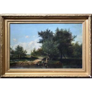 Laundresses On River 19th Century Barbizonian Landscape By French Master