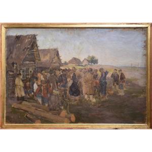 Scène Bondée d'Un Village Russe, Peinture à l'Huile Du Début Du 20e Siècle Par Kirsanov