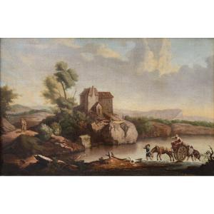 Traversée Du Gué Capriccio Paysage Baroque Peinture à l'Huile XVIIIe Siècle