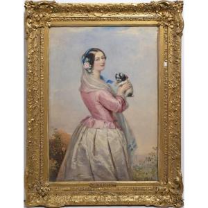 Portrait Young Lady W Tiny Dog 19th Century Watercolor From Wallace Collection