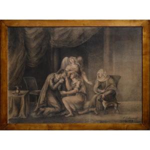 Old Testament Scene With Angel 1813 Large Grisaille Drawing On Paper Signed
