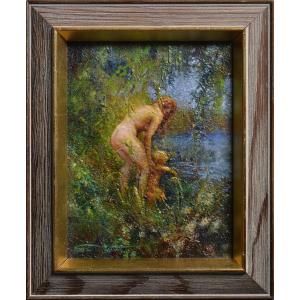 Woman Bathes Child In River Ca 1932 Oil Painting By Swedish Master Widholm