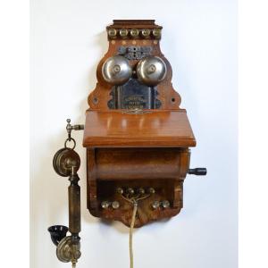 Antique Walnut Wood Wall Telephone L.m. Ericsson Ab130 Crank Magneto 