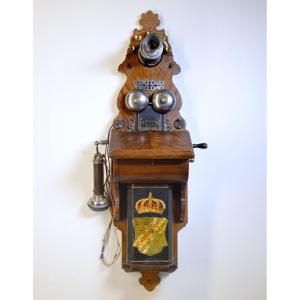 Antique Tall Walnut Case Wall Telephone L.m. Ericsson Crank Magneto Long Pole