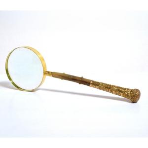 Magnifying Glass Antique Horn Handle Gold Plated Embossed Brass 19th Century