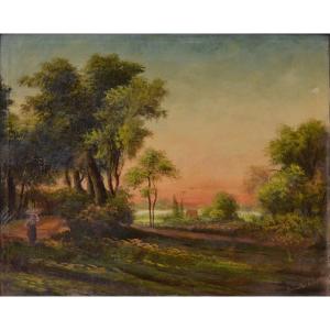 Paysage De Coucher De Soleil éclatant Début Du XXe Siècle Grande Peinture à l'Huile Ancienne Si