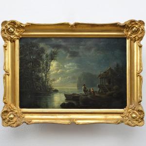 Antique 19th Century Romantic Moonlit Landscape Fisherman's Return Gold Frame