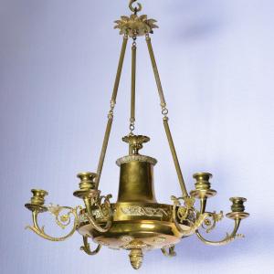 Lustre Ancien XIXe Siècle Empire Bronze Doré Six Lumières Décoration Florale