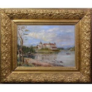 19th Century Antique Oil Painting Castle On Hill Lake Boat Figures Gilt Frame