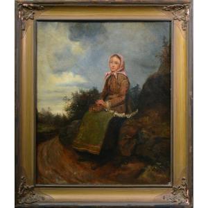 Late 19th Century Antique Oil Portrait Of Young Peasant Girl Resting By Road