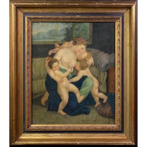 Antique Fin XVIIIe Siècle Peinture à l'Huile Scène Allégorique Charité Cadre Baroque