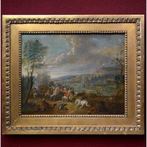 Peinture à l'Huile Flamande Antique XVIIIe Siècle Bataille de Cavalerie Encadrée