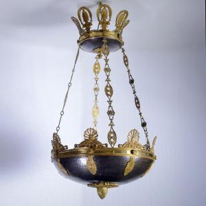 Lustre Antique de Style Empire Français en Bronze Doré et Patiné de la Fin du XIXe Siècle
