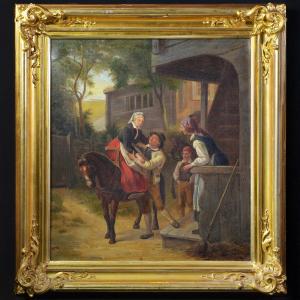 Antique 1868 Swedish Countryside Genre Oil Painting Bride Arrival Signed Framed