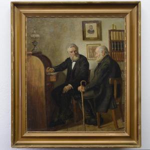 1916 Danish School Interior Scene Oil Painting Two Old Gentlemen Signed Framed