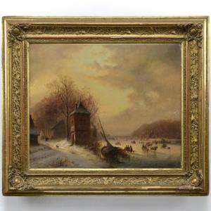 1859 Peinture Huile Allemande Style Hollandais Lac Gele Scene Hiver Signee Encadree