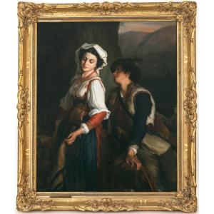 1890 Peinture Huile Romantique Britannique Allemande Scene Italienne Berger et Fille Signee