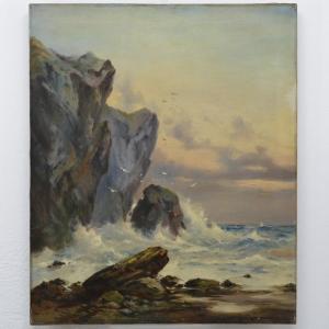 Peinture Marine Romantique 19ème Siècle Vagues se Brisant Falaises Côtières Signée