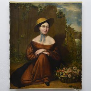 Early 19th Century Romantic Portrait Young Woman Basket Of Flowers Oil Canvas