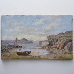 1885 Antique Scandinavian Coastal Scene Fishing Boats Oil Painting By Andersson