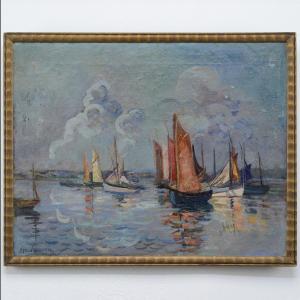 Early 20th C Antique Scandinavian Impressionist Seascape Oil Painting Sailboats