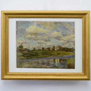 1944 Etude huile paysage ete classique russe eglise riviere signe encadre