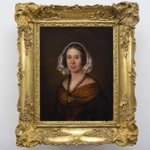 Original Milieu 19e Siecle Suedois Academique Huile Portrait Dame en Bonnet Encadre