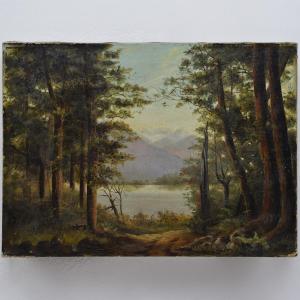 Paysage Lac Diamond Nouvelle Zelande Romantique Britannique Fin 19e Huile Toile