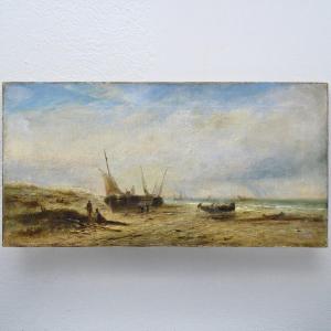 Milieu 19e Siecle Romantique Britannique Scene Cotiere Pecheurs Huile Sur Toile Signee