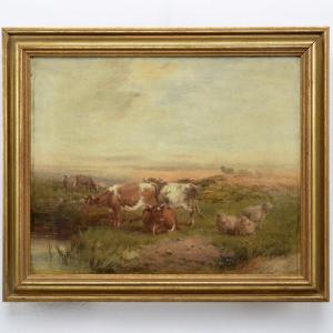 Paysage Pastoral Animalier Victorien 19e Siecle Vaches Moutons Huile Toile Signee